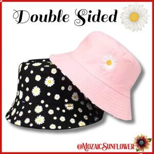 EMBROIDERED WHITE DAISY PINK DOUBLE SIDED BLACK BUCKET HAT NWT